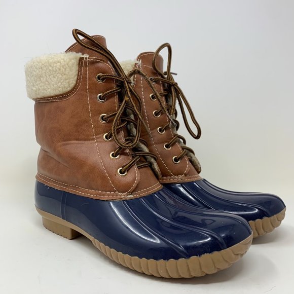 Adriana New York Shoes - Adriana New York Womens Lace Up Duck Boots Cognac Navy Faux Leather Shearling